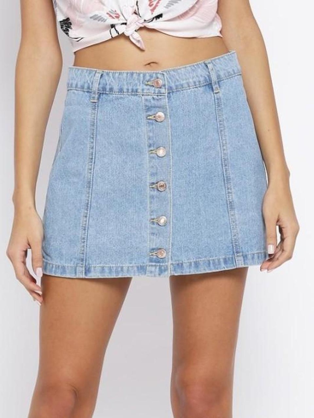 Forever 21 Light Blue Button-Front Denim Mini Skirt